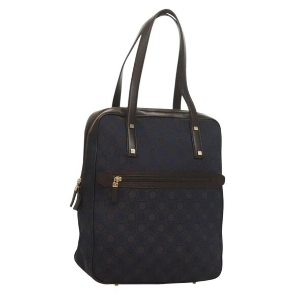 Salvatore Ferragamo Gancini Hand Bag Canvas Navy Gold Auth BA3244 - Picture 1 of 16